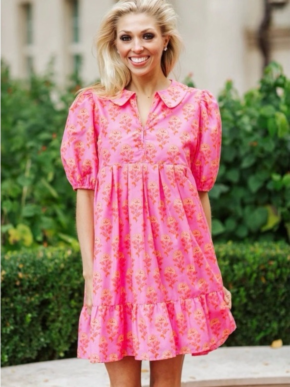 J. Marie Ella Ann Split Neck Peter Pan Collared Dress Pink Floral Tiered Medium
